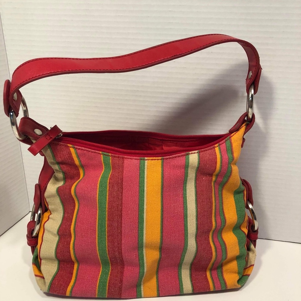Tommy Hilfiger Multicolored Lateral Stripes Hand Bag Red Lining EUC